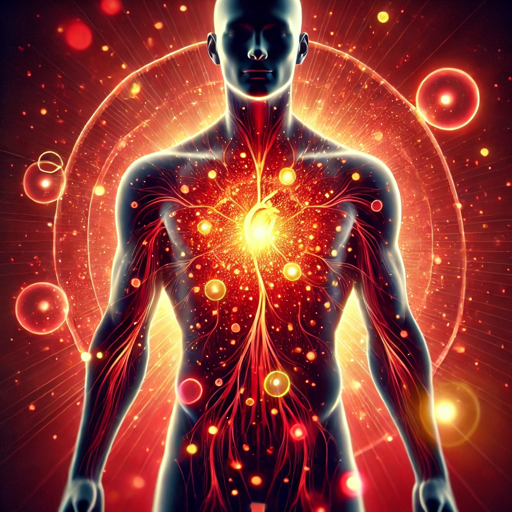 DALL·E 2024-12-01 22.10.09 - An abstract artistic image representing immune system stimulation through red light therapy. The image features a human torso silhouette with glowing