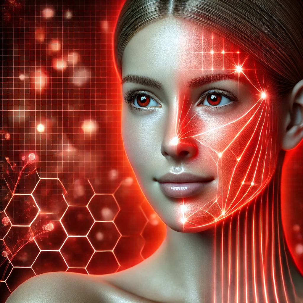 DALL·E 2024-12-01 22.31.16 - A realistic image of a person with glowing healthy skin, symbolizing increased collagen production through red light therapy. The background features